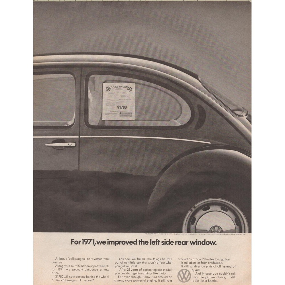1971 Volkswagen‎ Beetle Bug Left Side Rear Window Sticker Price Print Ad 1970